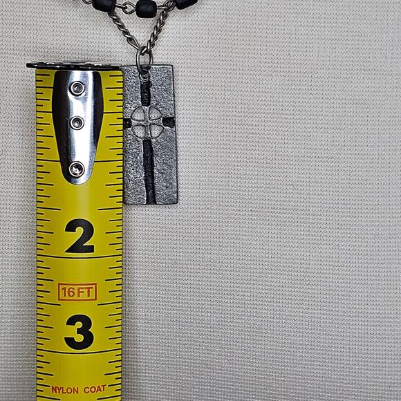 Cross Necklace Unisex Double Layer Metal Tag Black Silvertone 20 in long AERO - Picture 9 of 9